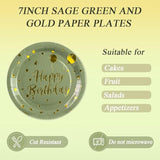 72Pcs Happy Birthday Paper Plates - Sage Green And Gold Tableware Set Include 7Inch Paper Plates 6.5 Inch Napkins And 6.3 Inch Forks Disposable Decoration Supplies For Birthday Party,Serve 24