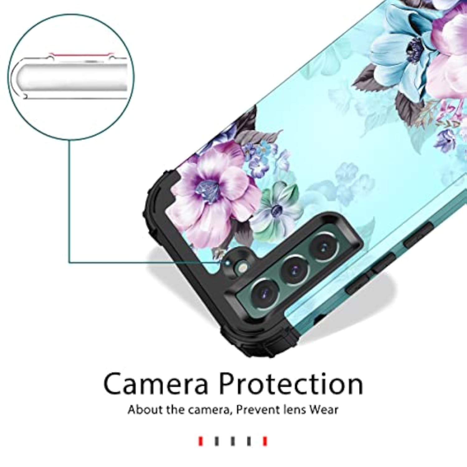 Heavy Duty Sturdy Shockproof Full Protection Rugged Hard PC+Soft TPU Bumper Case for Samsung Galaxy S22 5G 6.1 inch Blue Flower Design