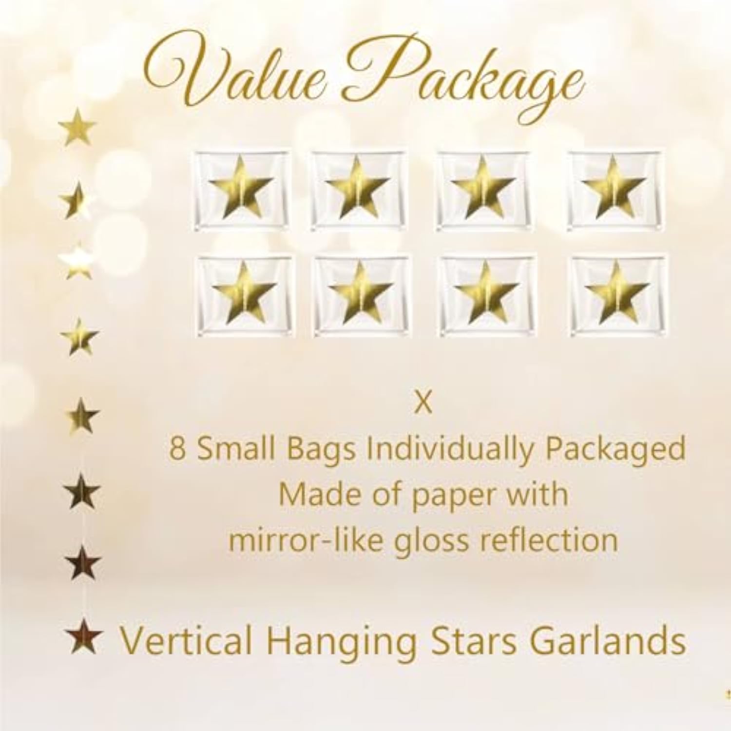 105Feet Gold Star Garland Banner Hanging Birthday Graduation Party Decorations- Golden Double Side Twinkle Paper Stars Streamers Backdrop For Prom Classroom Welcome Home Ceiling Decor, 8Pack