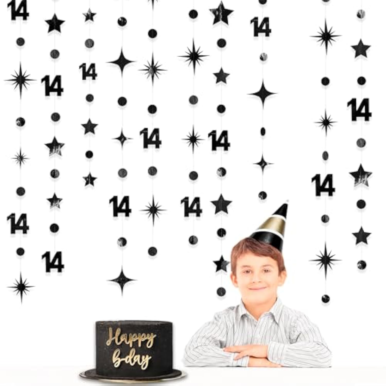 Party Crafter 14th Birthday Decor – Black & Silver Hanging Garland, Banner and Streamers for Party