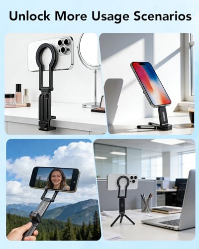 Magnetic Tripod for iPhone - Foldable Mini Pocket Phone Stand, Portable Selfie Stick Handle Grip with 360°, Airplane Travel Essentials, Phone Holders