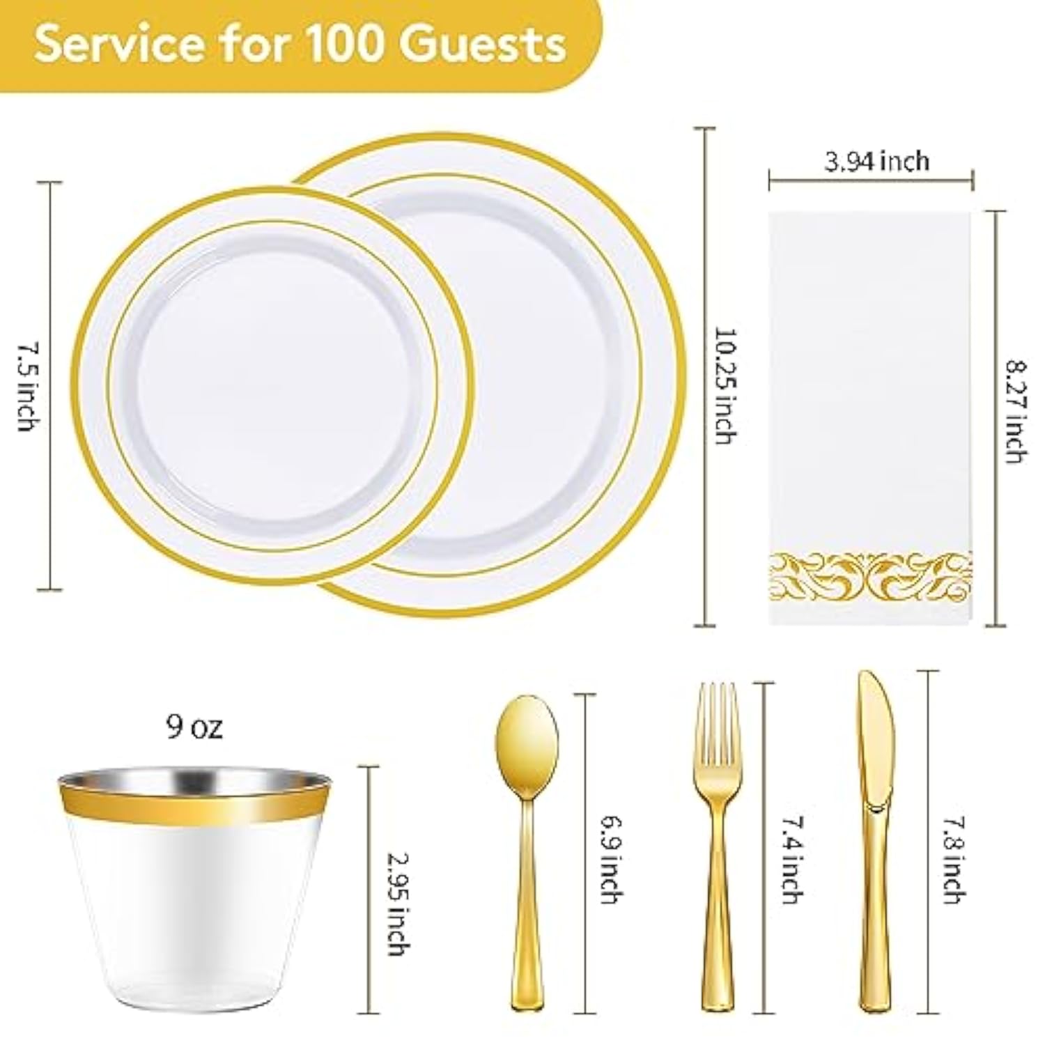 700 Piece Gold Dinnerware Set For 100 Guests, Disposable For Party, Include: 100 Gold Rim Dinner Plates, 100 Dessert Plates, 100 Paper Napkins, 100 Cups, 100 Plastic Silverware Set