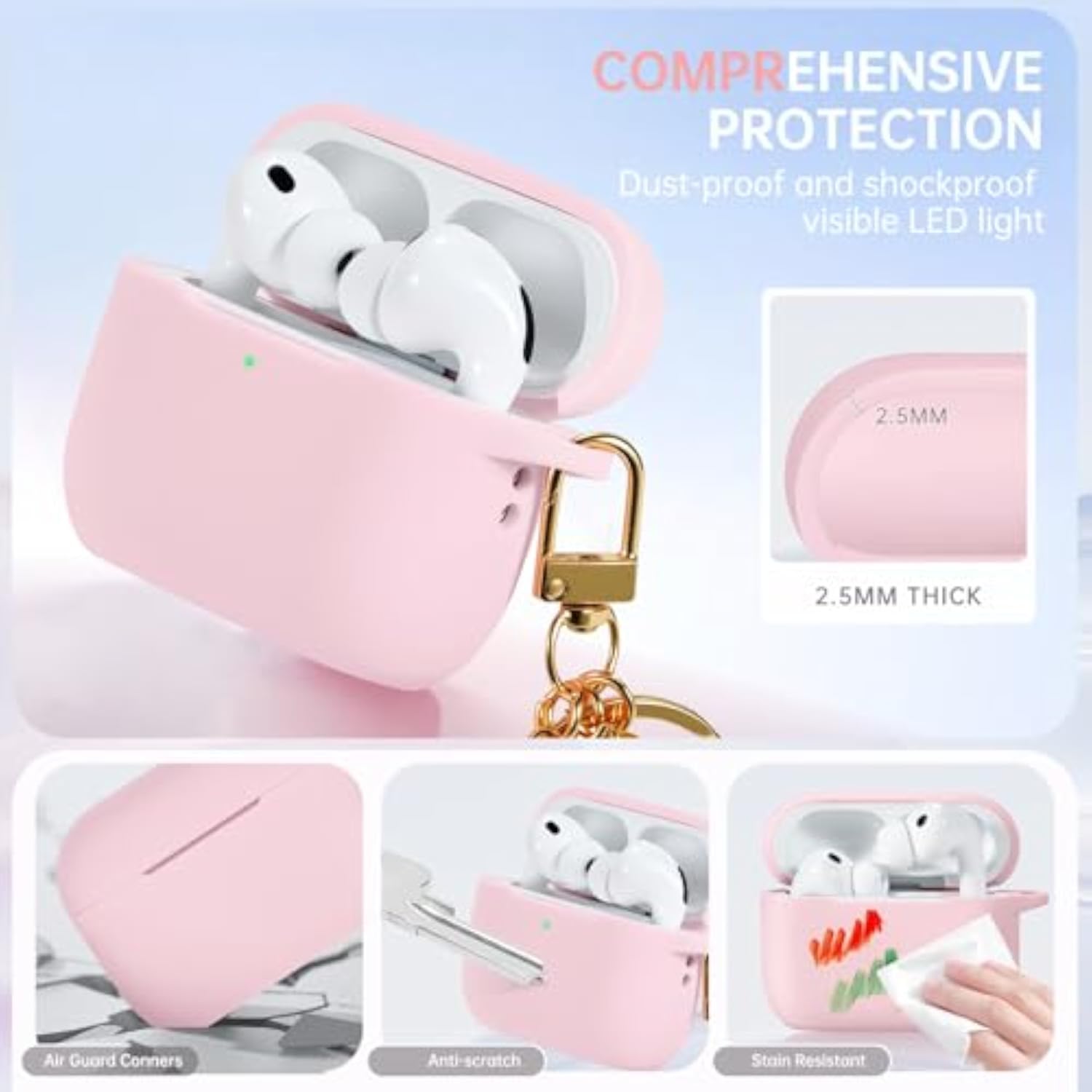 AirPods Pro 3 Case Cover for Women Girls 2025 with Cleaning Kit and Cute Bling Keychain, Soft Silicone Protective Case Compatible with Apple AirPods Pro 3rd Generation Accessories, Pink