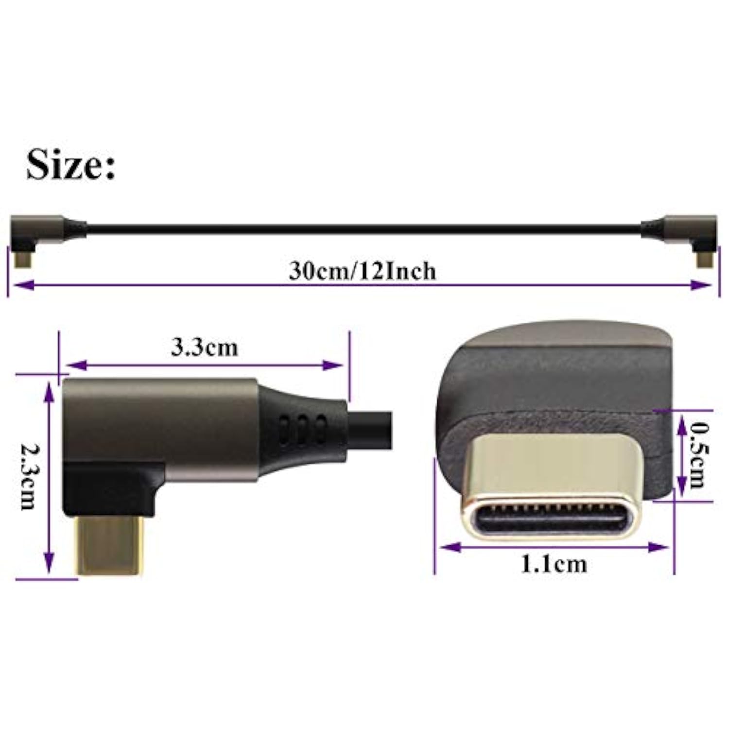 90 Degree Usb 3.1 Type C Cable Right & Left Angled 3.1 Usb Type C Male 4K@60Hz Gen 2 Extension Cable Supports Charging,Data,Audio,Video Cable For Laptop & Tablet & Mobile Phone.(0.3M/1Ft)