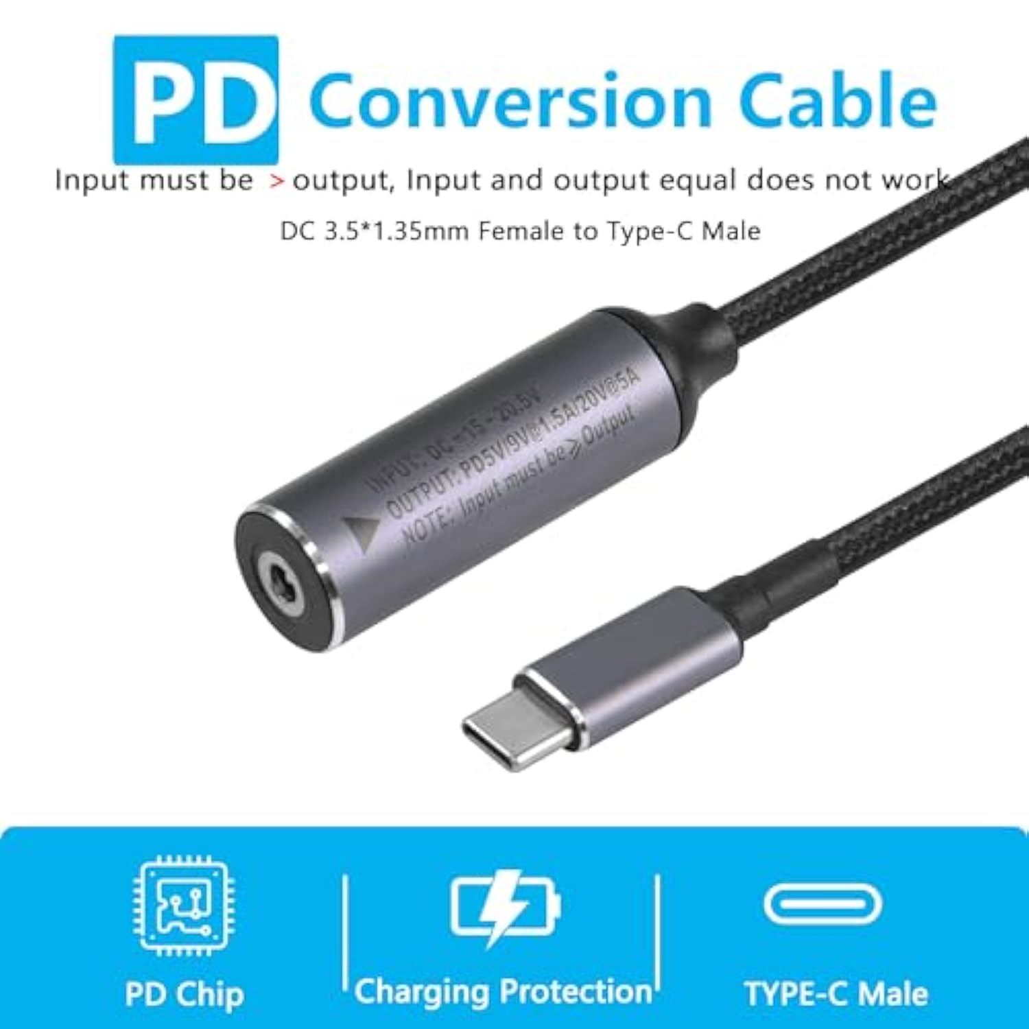 Pd 100W Dc 3.5Mm X 1.35Mm Female Input To Usb Type C Male Power Charging Cable