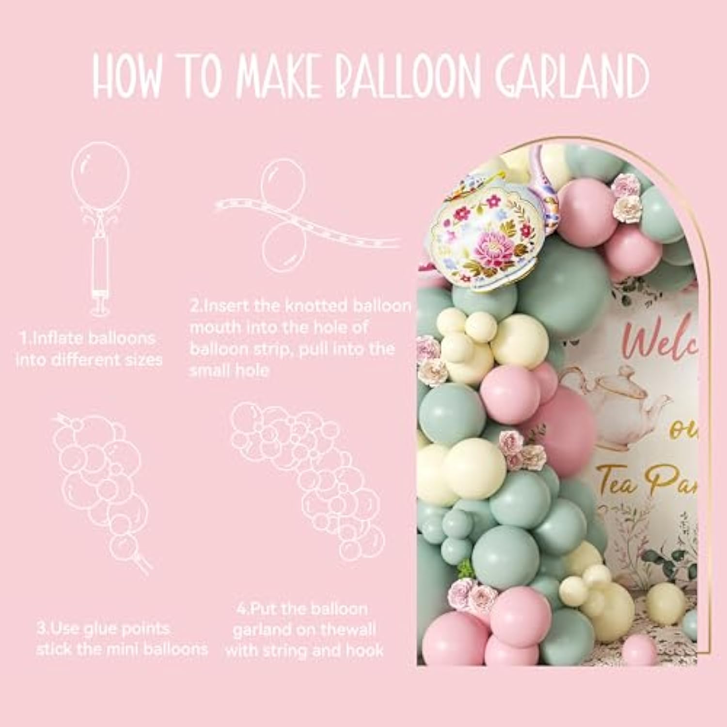 102Pcs Tea Party Decorations Balloon Garland Arch Kit With 2 Giant Floral Teapot Foil Balloons, 18/12/10/5 Inch Sage Green Dusty Pink Cream Latex For Girls Birthday,Garden Bridal Shower