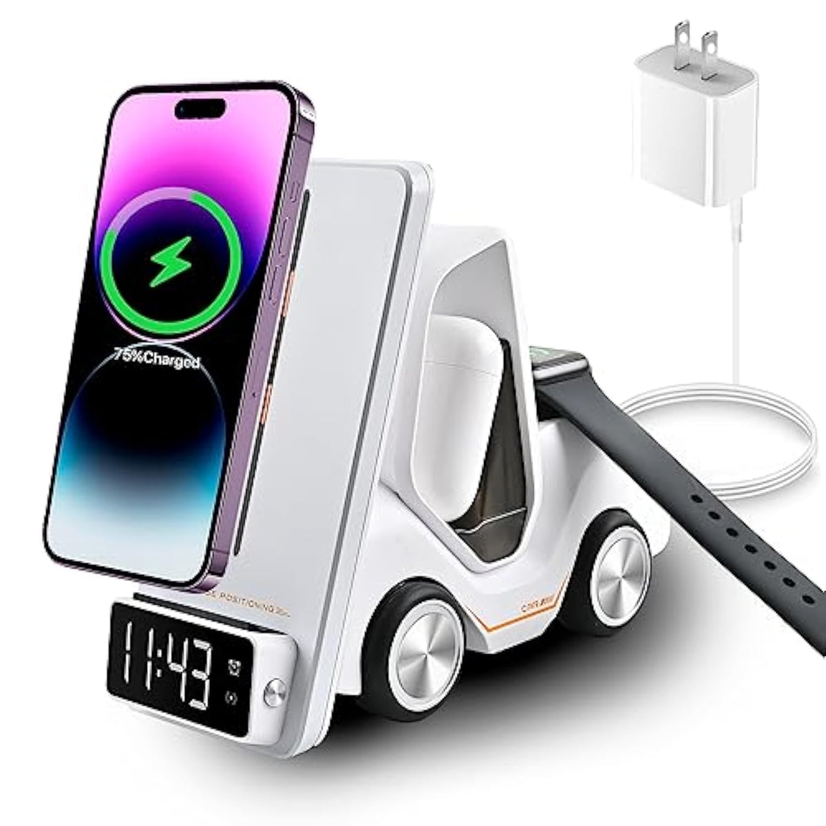 5 In 1 Wireless Charging Station 20W Adapter Fast Wireless Charging Apple Devices For Iphone 15/14/13/12 Series For Airpods Pro/3/2,For Apple Watch/Iwatch Support Alarm Clock Light (White)