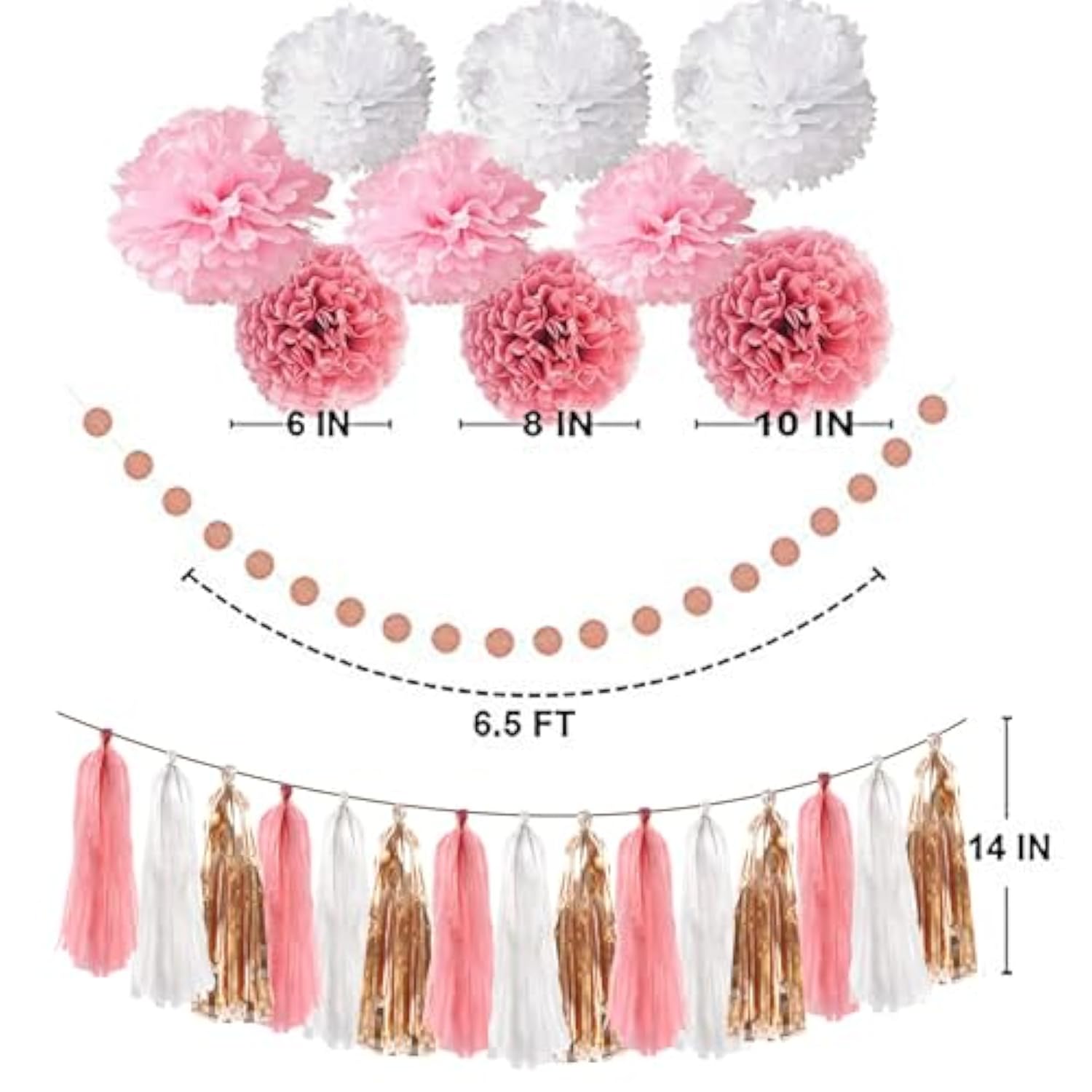 Pink & Rose Gold Birthday Decor Set – Glitter Banner, Pom Poms, Tassels and Dots Garland