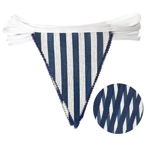 36Ft Blue Striped Party Decorations Blue White Striped Nautical Burlap Banner Triangle Pennant Flag Linen Garland Streamers for Nautical Birthday Royal Bridal Shower Sea Ocean Party Decor Supplies