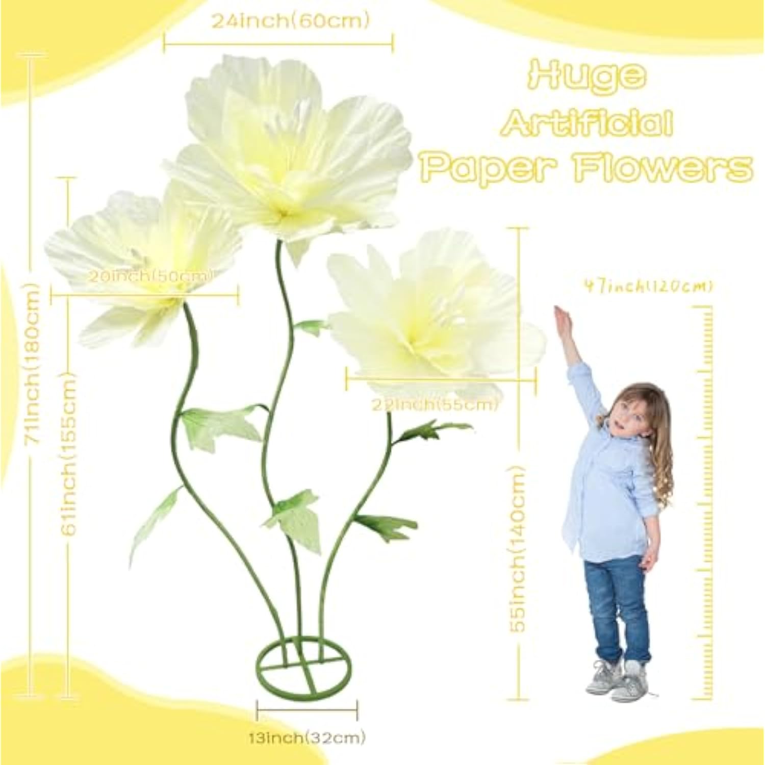 Giant Artificial Paper Flowers Decorations, Large Faux Floral Decor Huge 3D Flower For Wedding Home Office Christmas Birthday Party Banquet Background Shop Window Display Photographic Props, Yellow