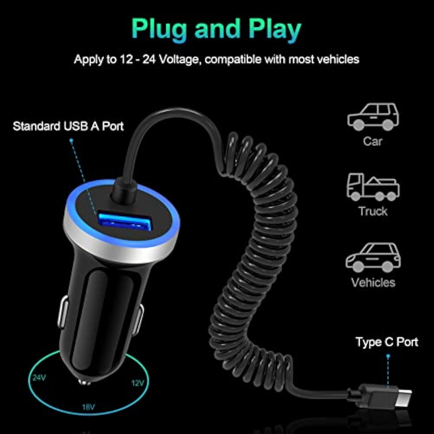 Android C Type Usb C S25 Edge Car Charger Fast Charging For Samsung Galaxy S25 Ultra/25 Plus/S24 Ultra/S23/S22/A56/A36/A26/A16/A06/A54/A53/A35/A55/A05S, Car Adapter Plug 3.4A+3Ft Coiled Usb C Cable