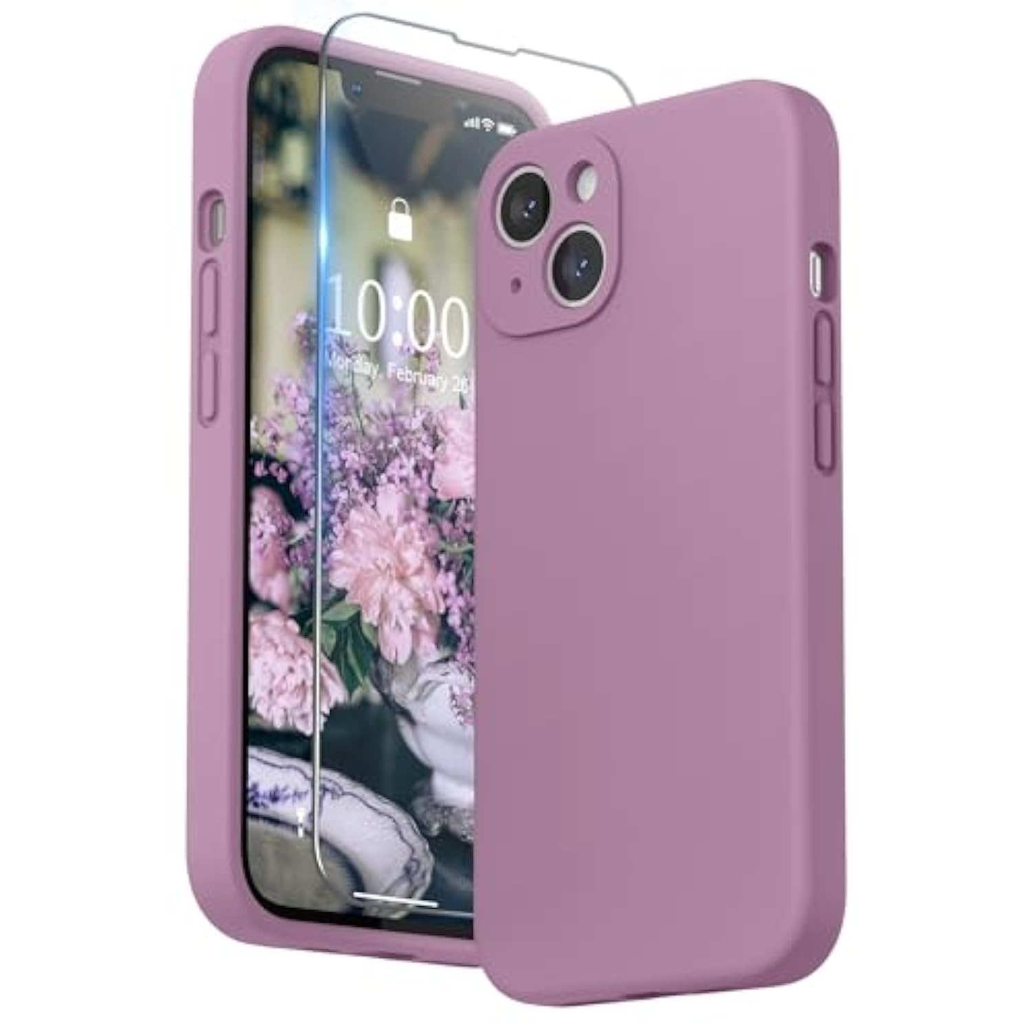 Compatible With Iphone 13 Case With Screen Protector, (Camera Protection & Soft Microfiber Lining) Liquid Silicone Phone Case 6.1 Inch 2021, Lilac Purple