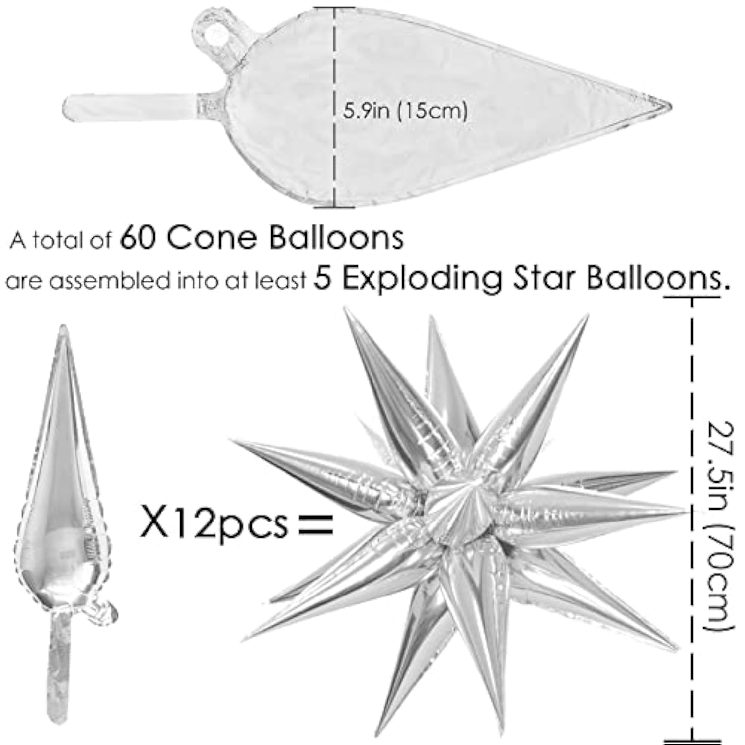 60 Pcs Star Balloons 12 Spike Foil Explosion Party Decoration Balloons For Christmas New Year Eve Birthday (Silver)