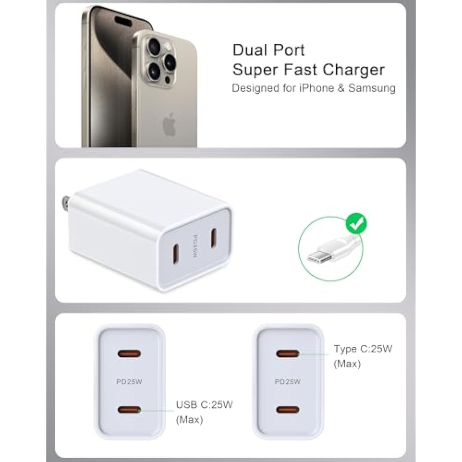 25W Iphone 16 Pro Charger Block Usb C Fast Charging Usbc Wall Charger Dual Type C Multi Ports Usb Plug Outlet For Apple Iphone Samsung Pixel 9 Pro Max Xl Box Power Cube Adapter Brick 2 Double Usbc
