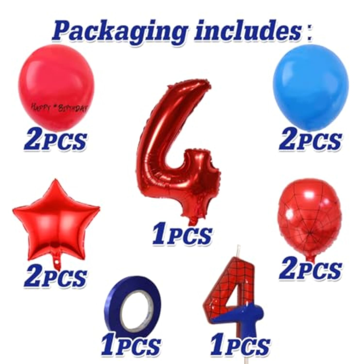 Spider Hero 4th Birthday Decor with 32" Number Balloon, Spider Balloons & Candle
