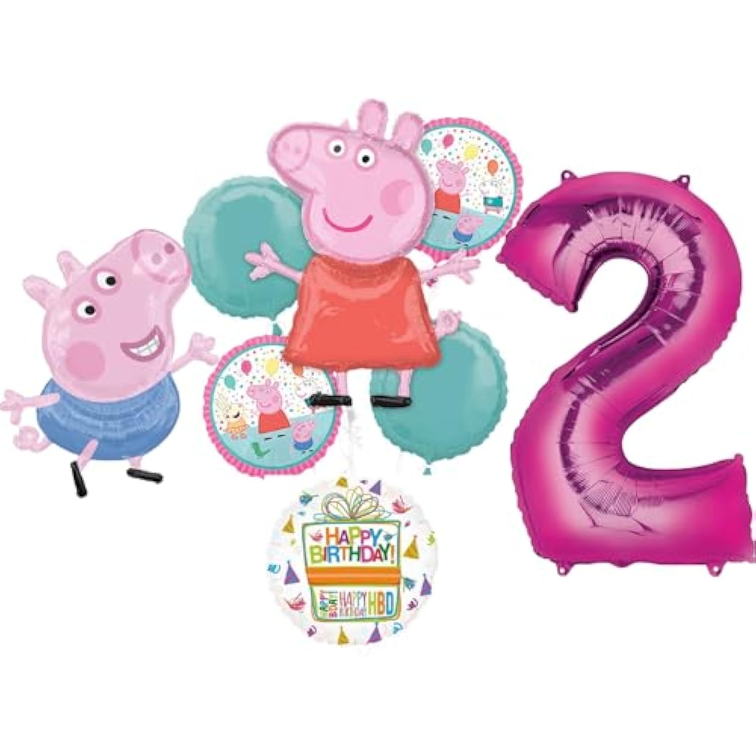 Anagram Peppa and George 2nd Birthday Party Supplies Pig Foil Balloon Bouquet Decorations, BQ_4282