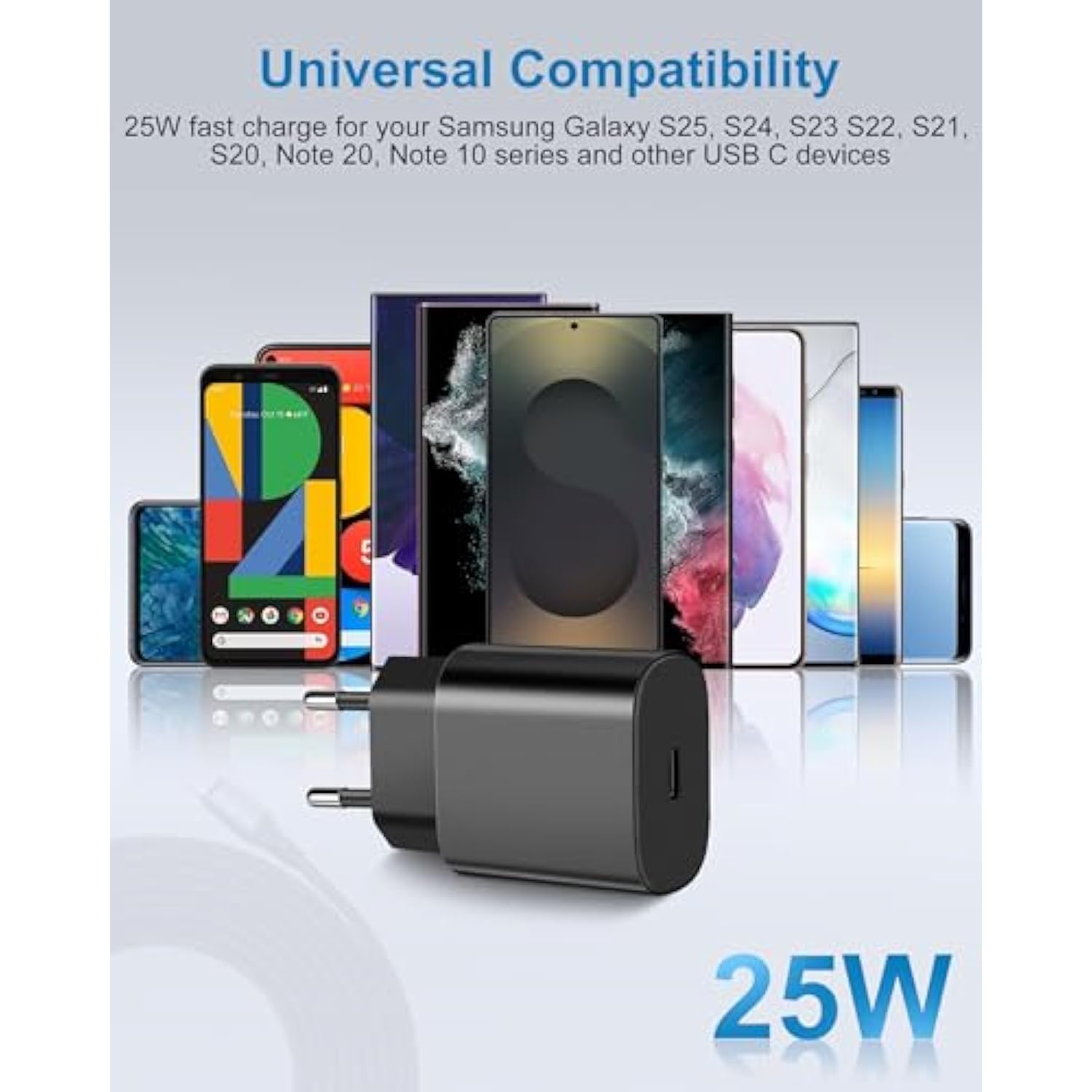 European Travel Plug Adapter, 2Pack 25W Type C Super Fast Charger Block Usb C International Power Adapter Us To Europe Eu For Iphone 16E/16/15 Pro Max/Plus, Ipad, Samsung, Android With 6Ft Usb C Cable