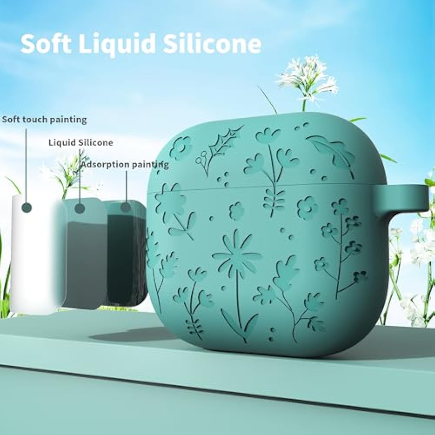 Flora Engraved Case For Airpods 4 Cover Shock-Proof Protective Silicone Case With Keychain For Apple Airpods 4Th Generation 2024 Released (Forest Green)