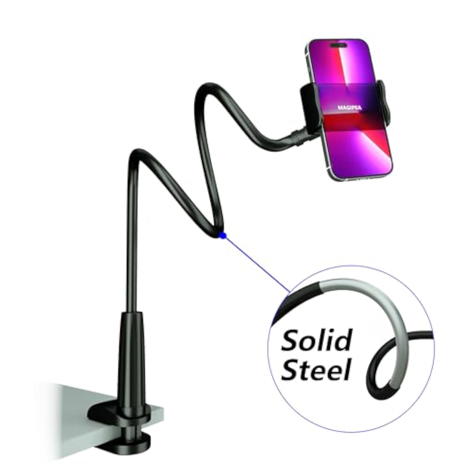 Cell Phone Clip Bed Stand Holder, With Grip Flexible Long Arm Gooseneck Bracket Mount Clamp For Desk, Compatible With 14 Pro Max Xr X 8 7 6 Or Other 3.5-7" Devices (Black)