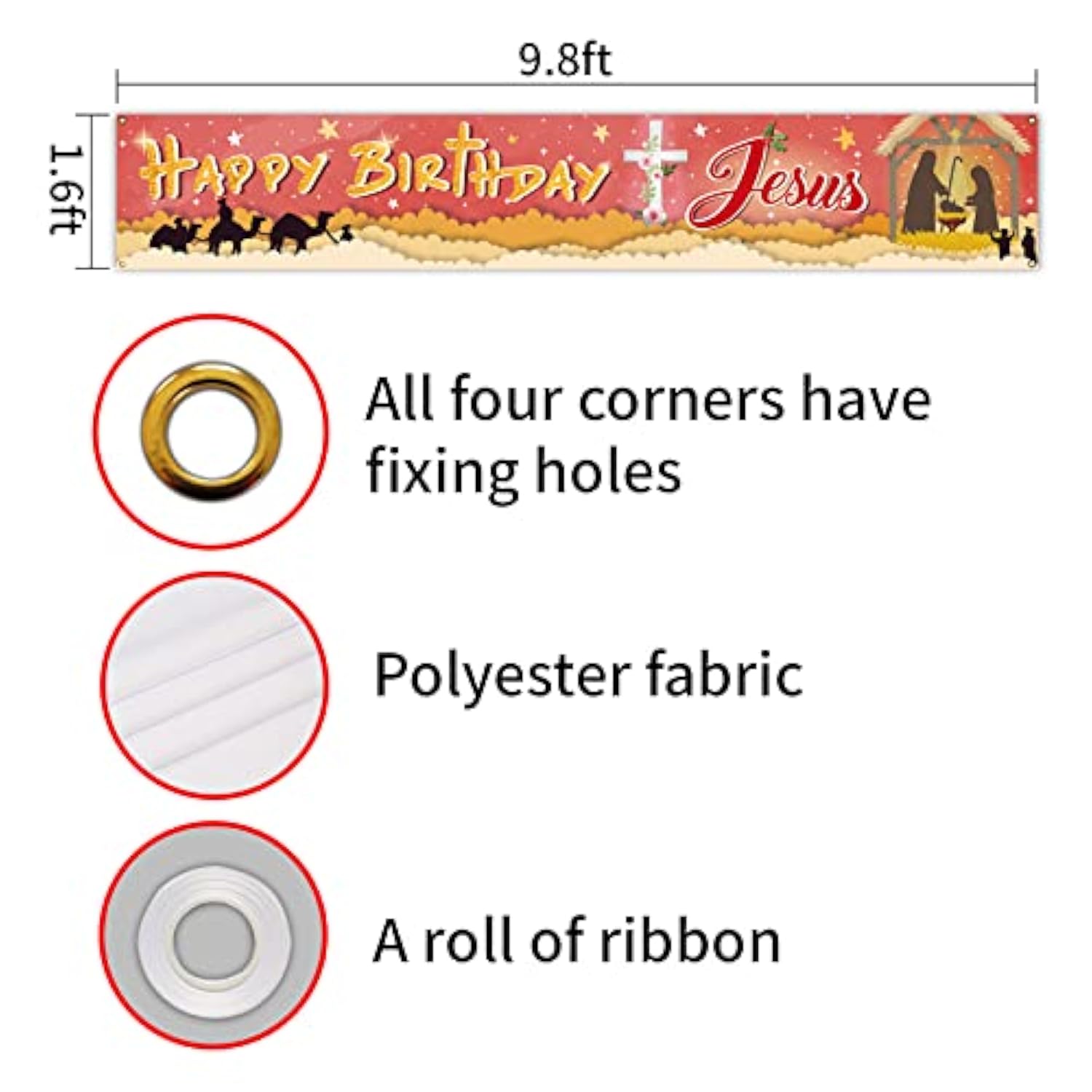 Red Happy Birthday Jesus Banner,Large Jesus’S Birthday Lawn Sign Yard Sign,Christian Winter Merry Christmas Party Decorations Supplies,Happy Bday Jesus God Party Decor 9.8X1.6 Ft