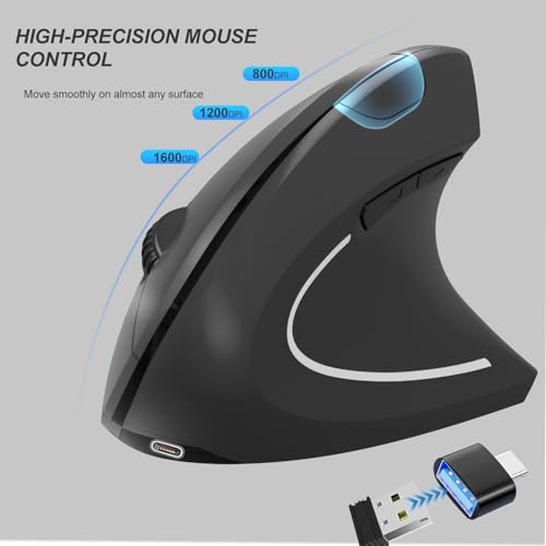 Ergonomic Wirelessmouse, Usb A+Type C(2 In 1) Connection, 800/1200/1600 Dpi, 6 Silent Buttons, 2.4Ghz Carpal Tunnel Rechargeable Vertical Mice, For Laptop, Desktop,Macbook-Black