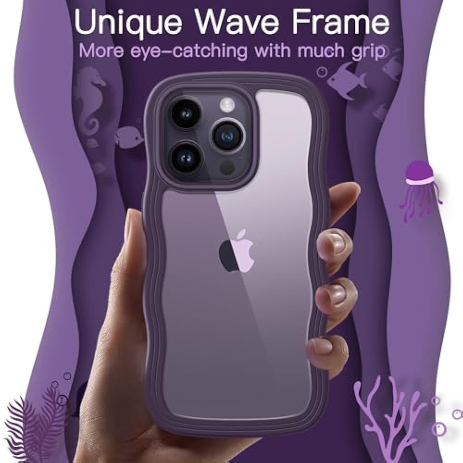 JETech Cute Case for iPhone 14 Pro Max 6.7-Inch, Wave Frame Curly Shape Shockproof Phone Cover for Women and Girls, Clear Hard PC Back (Deep Purple)
