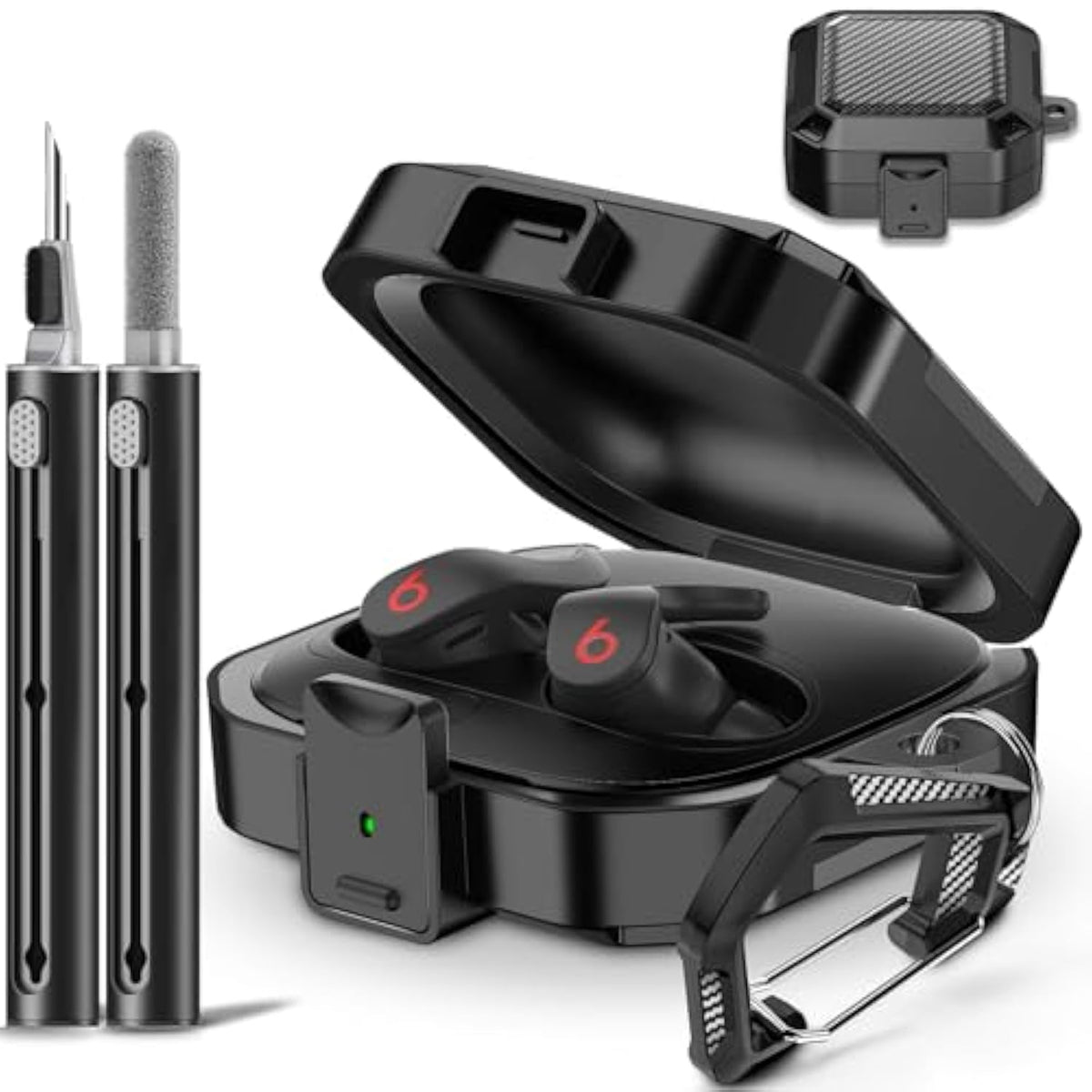With Safety Lock Carbon Fiber For Beats Fit Pro Case Cover 2021,Shock-Absorbing Beat Fit Pro 2 Protector With Keychain/Zipper Storage Bag/Cleaner Kit - Black