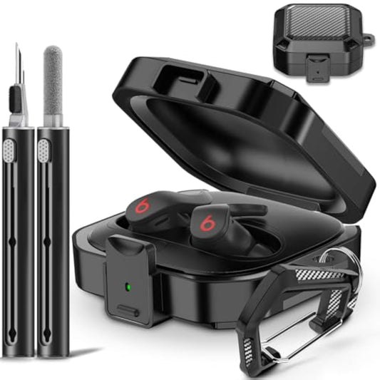 With Safety Lock Carbon Fiber For Beats Fit Pro Case Cover 2021,Shock-Absorbing Beat Fit Pro 2 Protector With Keychain/Zipper Storage Bag/Cleaner Kit - Black