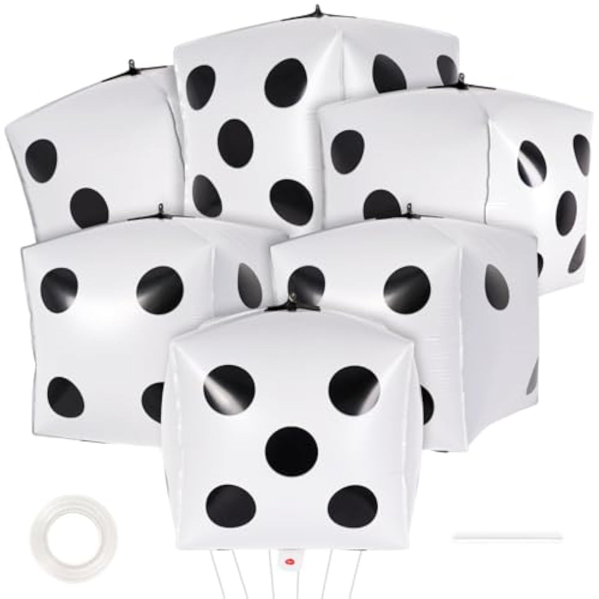 6 Pc Large 24" White Dice Balloons: Cube Foil Mylar for Game/Birthday Parties