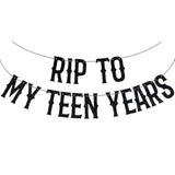 Black Glitter Rip To My Teen Years Banner, Kissing My Teens Goodbye/Cheers To 20 Years, Old English Funeral Youth Themed 20Th Birthday Party Decorations Supplies