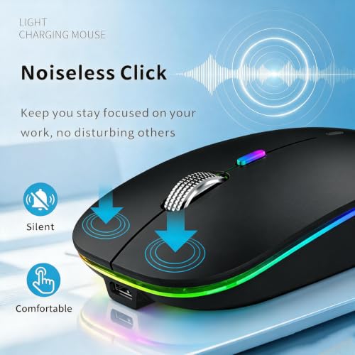 Led Wireless Mouse, G12 Slim Rechargeable Silent Mouse, 2.4G Portable Usb Optical Computer Mice With Usb Receiver And Type C Adapter (Matte Black)