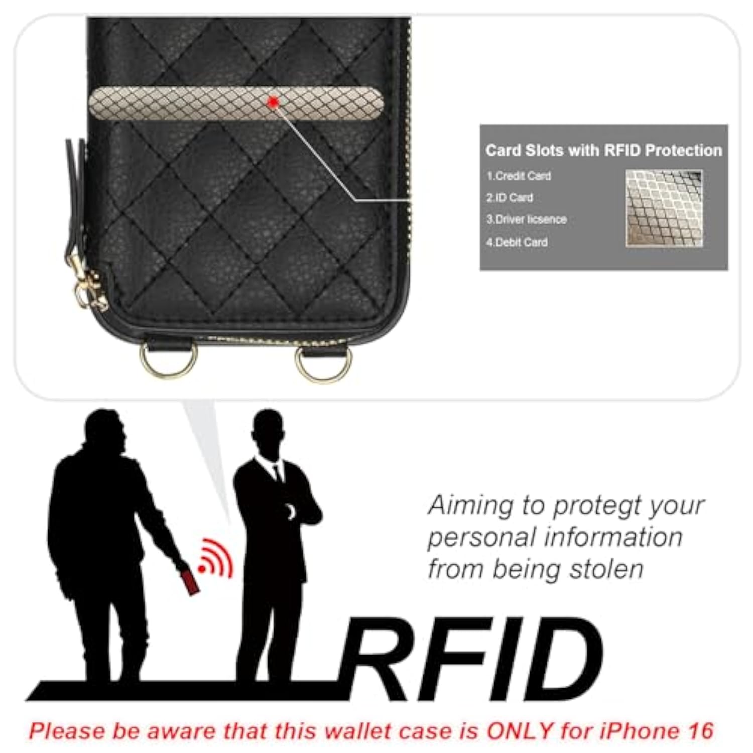 Crossbody Wallet Case For Iphone 16, Rfid Blocking Pu Leather Zipper Handbag Purse Flip Cover, Kickstand Folio Case With Card Slots Holder Wrist Strap Lanyard 5G 6.1 Inch (Black)