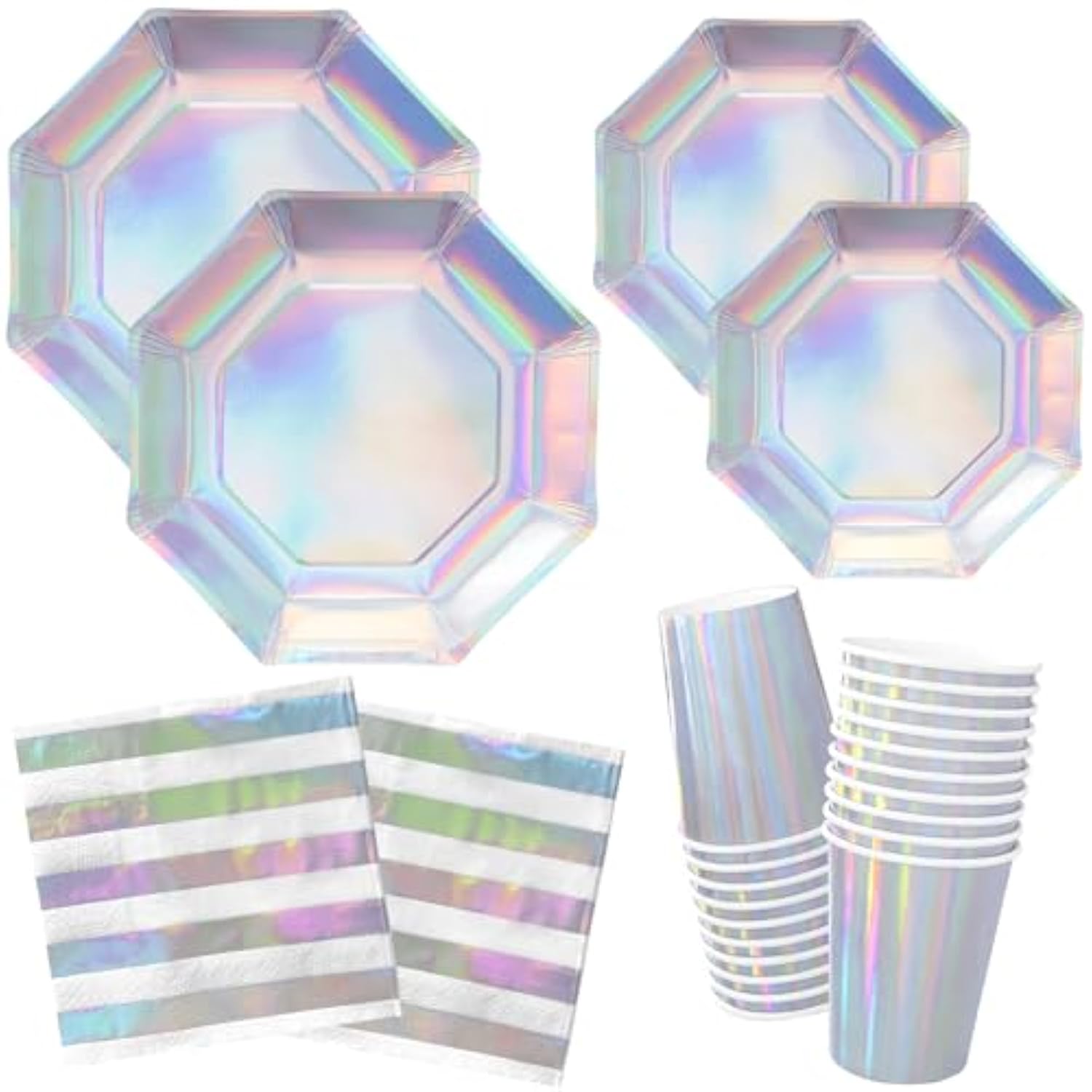 Iridescent Party Supplies - Disposable Paper Plates, Cups And Napkins, Ideal For Birthday, Mermaid Themed Events & Birthday Or Wedding Party Decoration - Serves 16