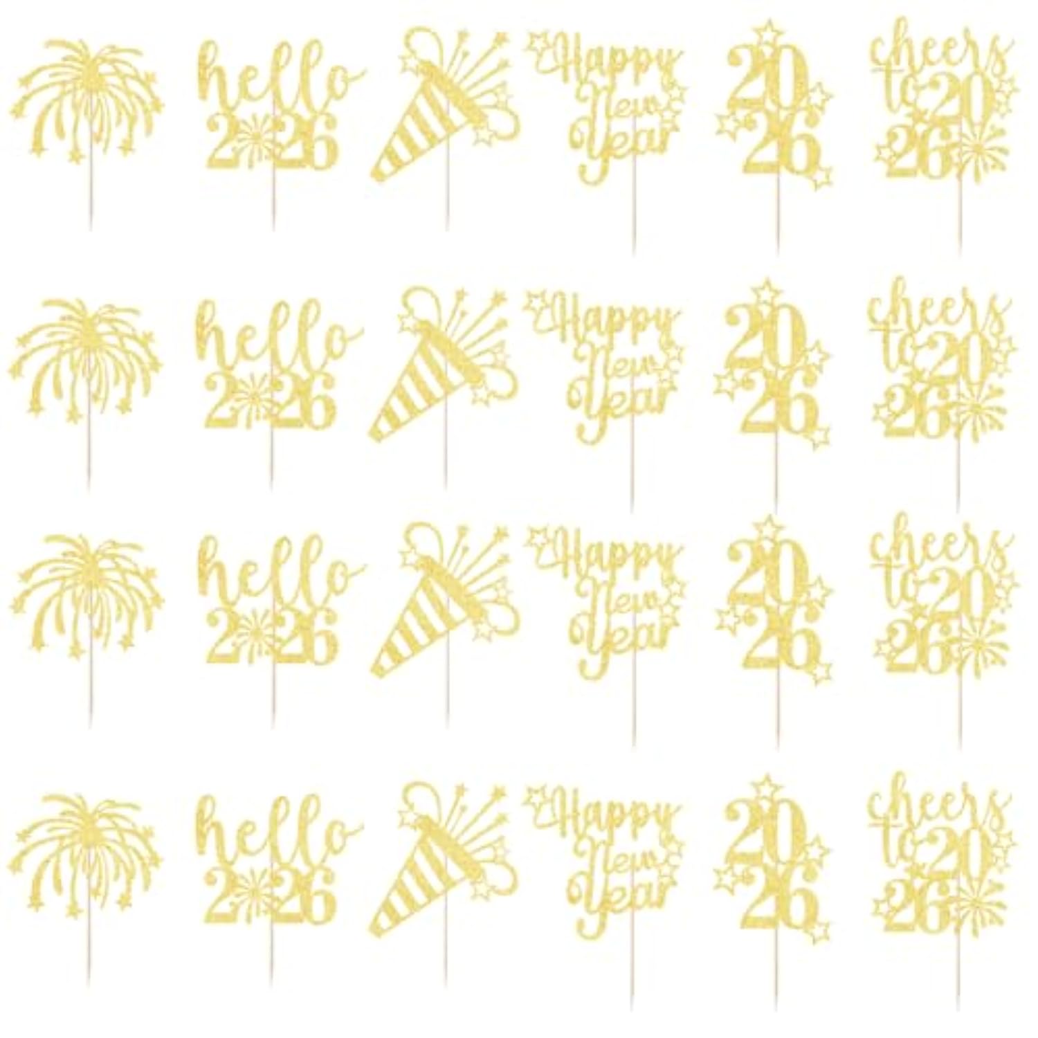 24pc Happy New Year 2026 Cupcake Toppers Cake Party Decorations