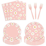 96Pcs Daisy Birthday Party Tableware Set - Include Paper Plates Napkins Forks, One Two Groovy Disposable Party Supplies Decorations For Girl Birthday Baby Shower Serve 24 Guests