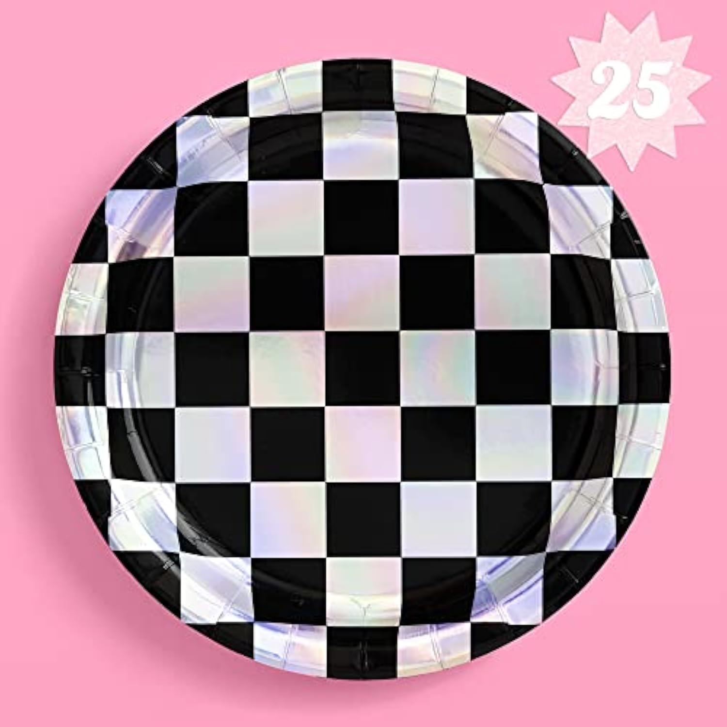Black And Iridescent Checker Paper Plates - 25 Pack | Happy Birthday Party Decorations, Cute Bachelorette Party, Cool Cake Plates, Checker Disposable Party Plates