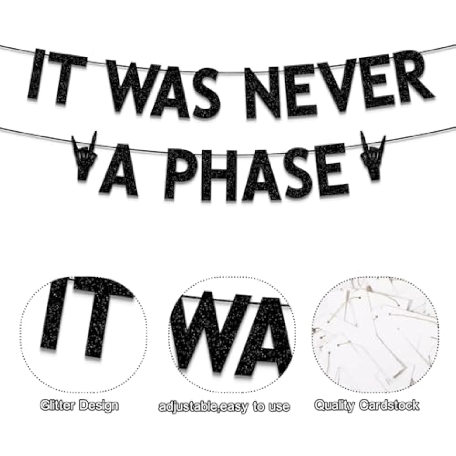 Black Glitter It Was Never a Phase Banner 30th Birthday Decorations