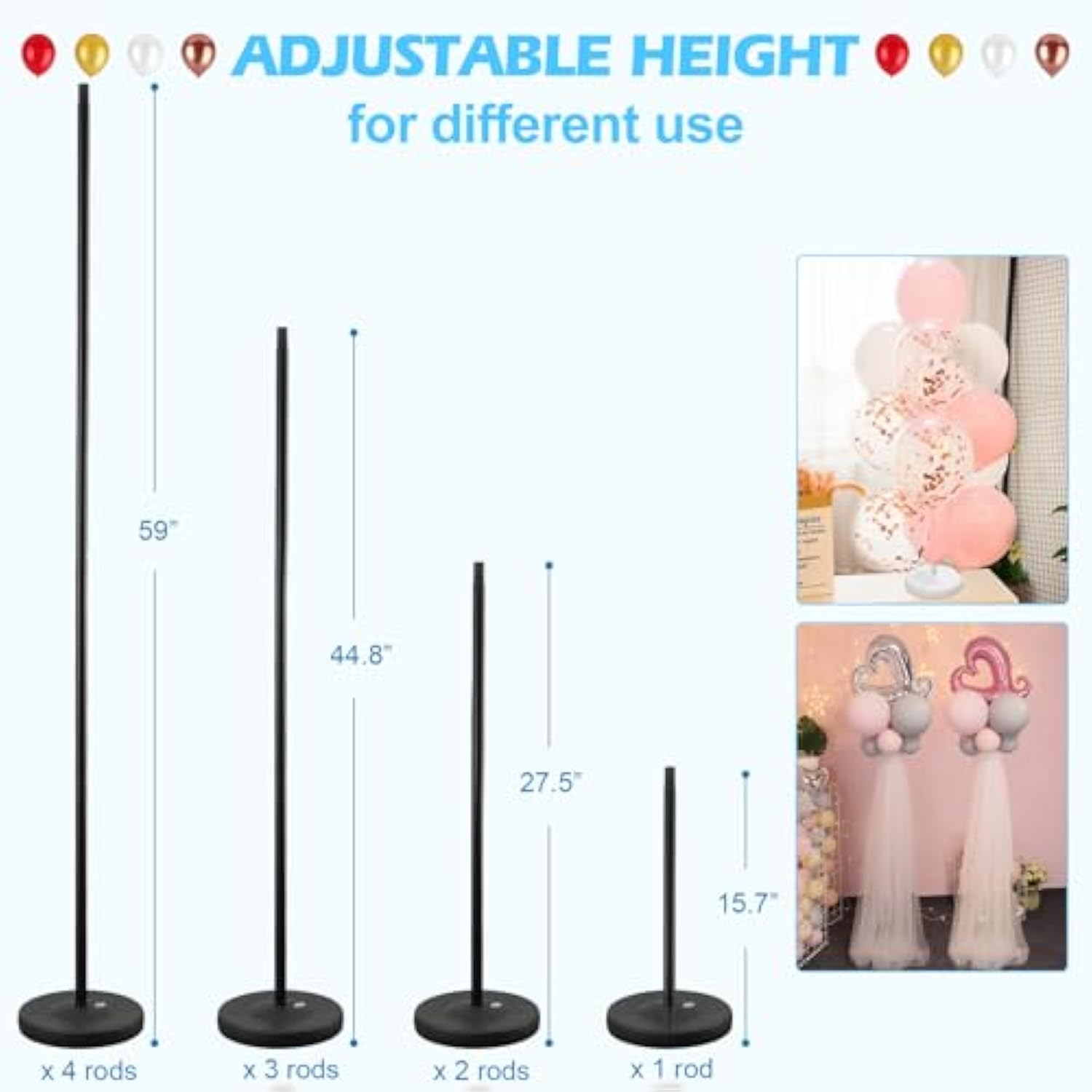 Balloon Column Stand Kit Set Of 2, 1.3Ft-5Ft Adjustable Metal Pillar Balloon Stand With Base For Floor And Table Centerpieces For Birthday Party Wedding Christmas Halloween Decorations Black