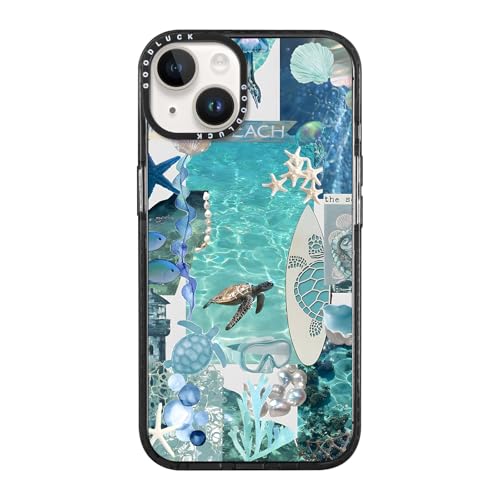 Summer Cute Clear Blue Ocean Phone Case for iPhone 14 / iPhone 13 Case 6.1", Aesthetic Colorful Turtle Sea Shell Pattern Design Girls Women Black