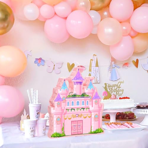 Princess Castle Pinata - Cute Pink Castle Pinata with Blindfold and Bat for Girls Birthday, Baby Shower, Cinco De Mayo Mexican Fiesta Events, Girls Children’s Day Princess Themed Party Favors