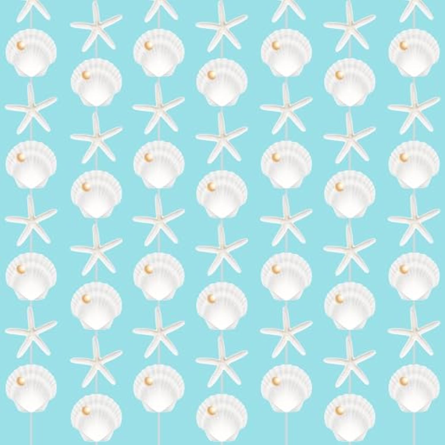 Beach Seashell Starfish Garlands 8Pcs Coastal Nautical Decorations Ocean Seashell Starfish Paper Pre-Strung Garland Banner Birthday Party Decor For Mermaid Theme Baby Shower Wedding Supplies