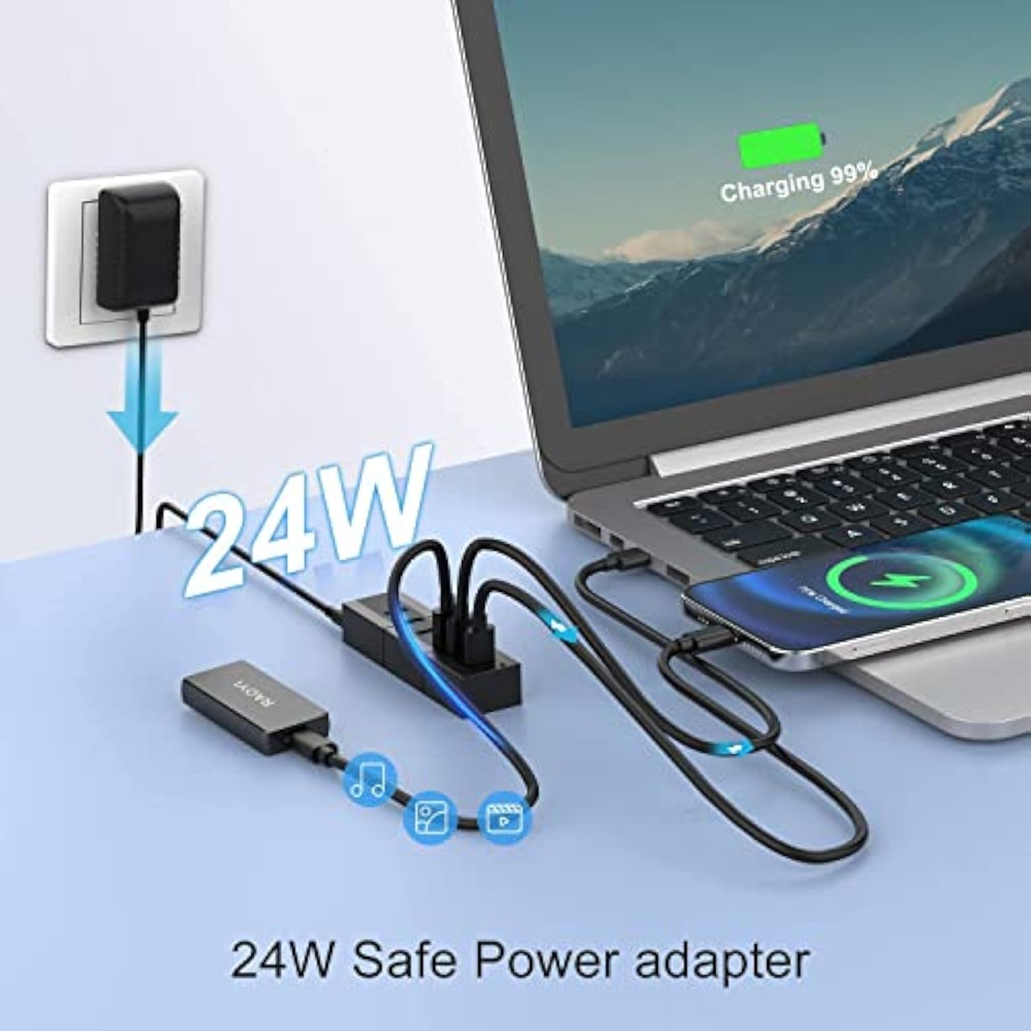 Powered Usb 3.0 Hub, 6 Ports High Speed Usb 3.0 Hub Splitter With 24W Power Ad
