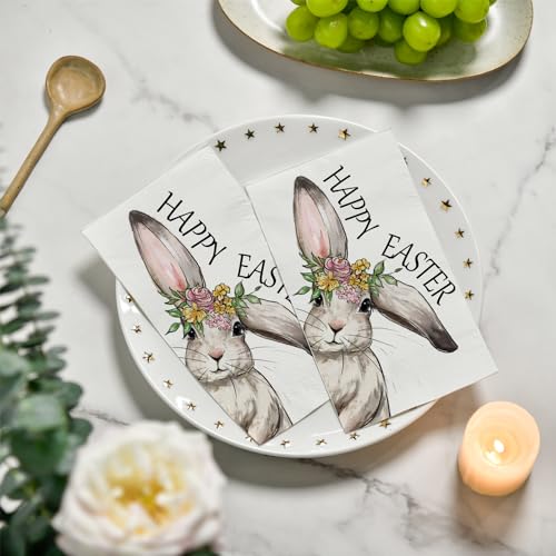 100 Easter Disposable Paper Decorative Guest Napkins, Spring Easter Bunny Flowers Hand Towel for Party Lunch Dinner Kitchen Bathroom