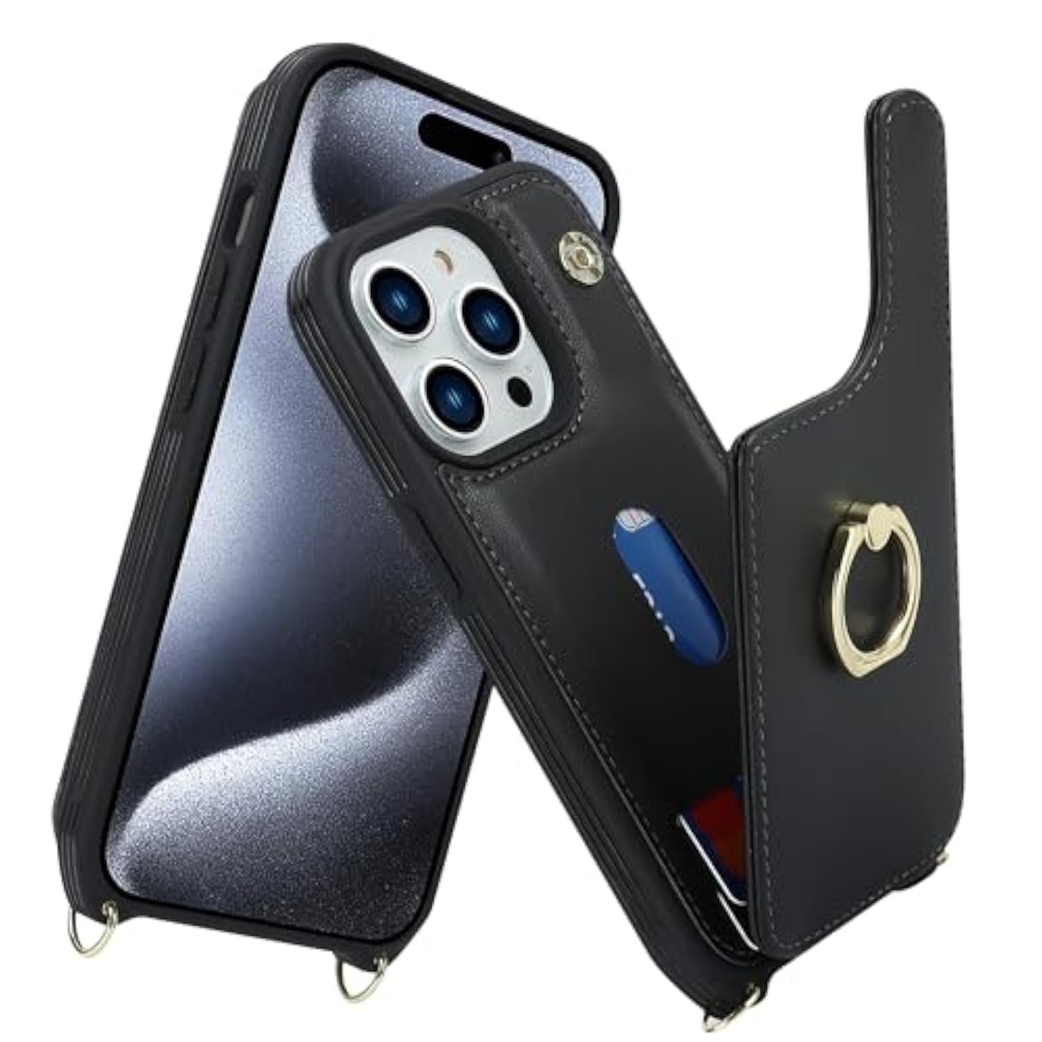 Iphone 15 Pro Case With Card Holder Strap Lanyard Ring Stand 6.1 Inch Black