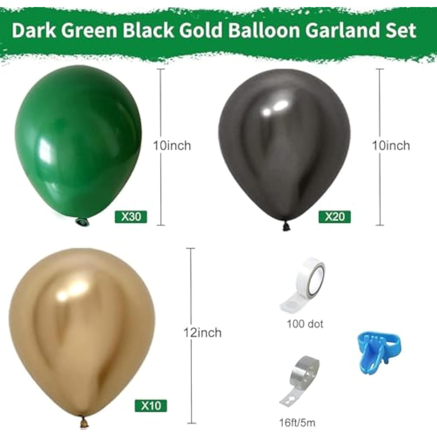 Balloon Garland Kit, Dark Green And Black Latex Party Balloon & Metall