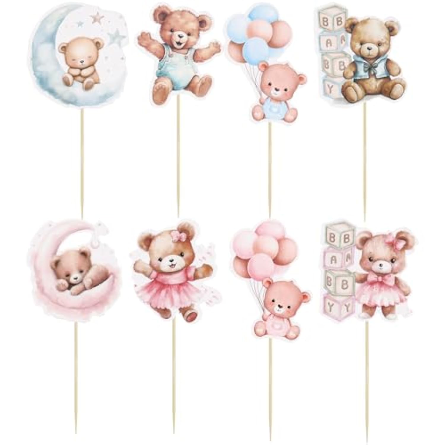 32Pcs Baby Shower Bear Cupcake Toppers Moon Baby Bear Baby Shower Cake Topper Decorations Jungle Animal Theme Birthday Party Cake Supplies Blue Pink
