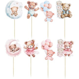 32Pcs Baby Shower Bear Cupcake Toppers Moon Baby Bear Baby Shower Cake Topper Decorations Jungle Animal Theme Birthday Party Cake Supplies Blue Pink