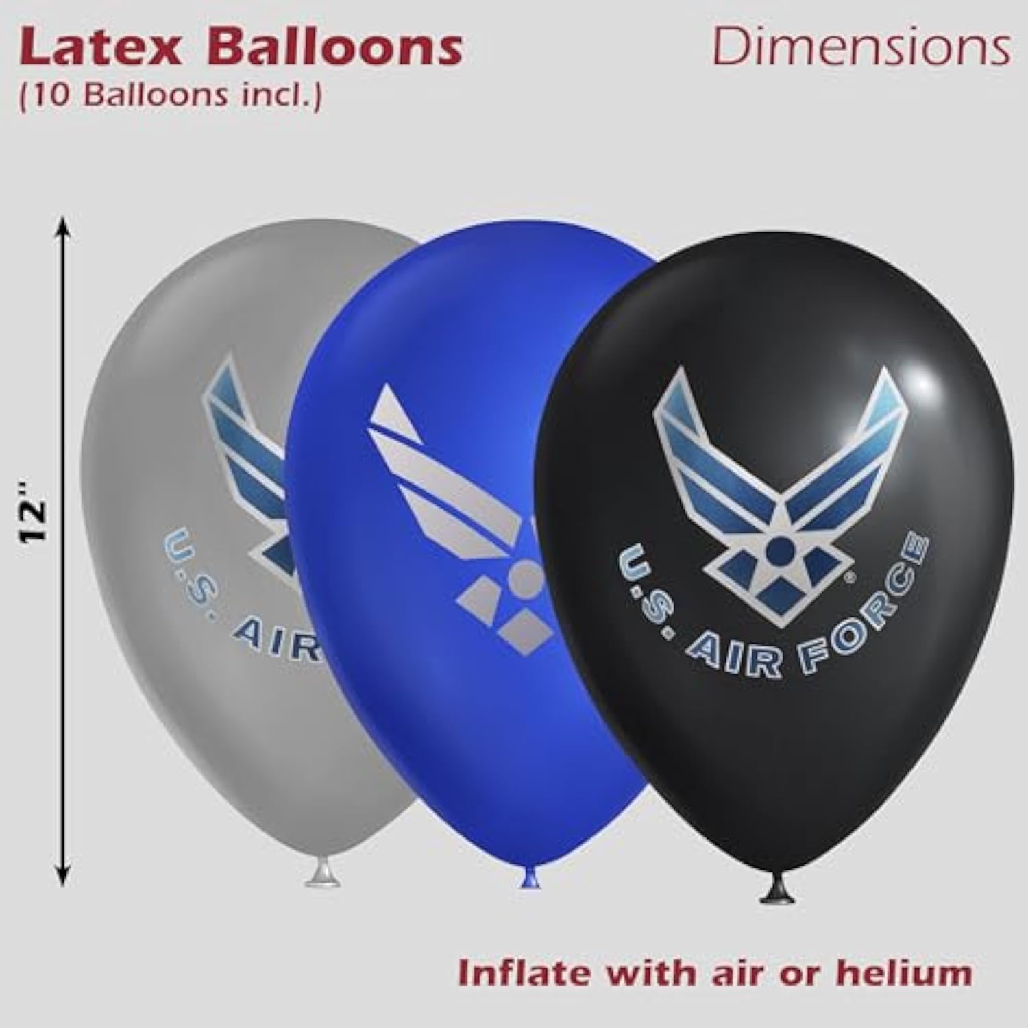 U.S. Air Force Party Balloons - 10 pcs 12 in Latex balloons in Officially Licensed Air Force Logos - Metallic Silver, Blue & Black balloons with 2-color printing both sides Made in Italy -by Havercamp
