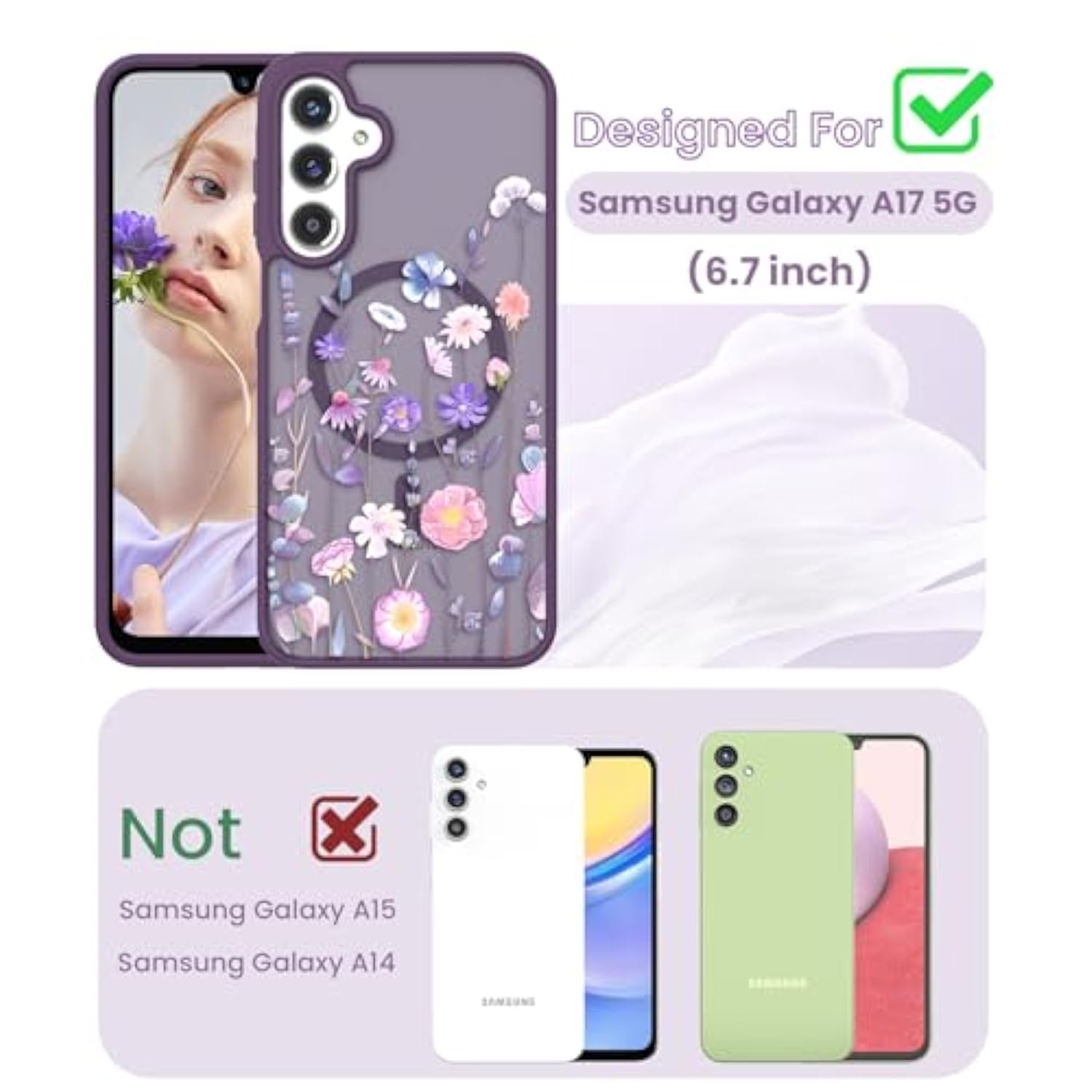 For Samsung Galaxy A16 5G Floral Phone Case With 2X Screen Protector, Military Grade Magnetic Translucent Matte Girls Women Flower Pattern Protective Cover For A16 5G (Deep Purple)