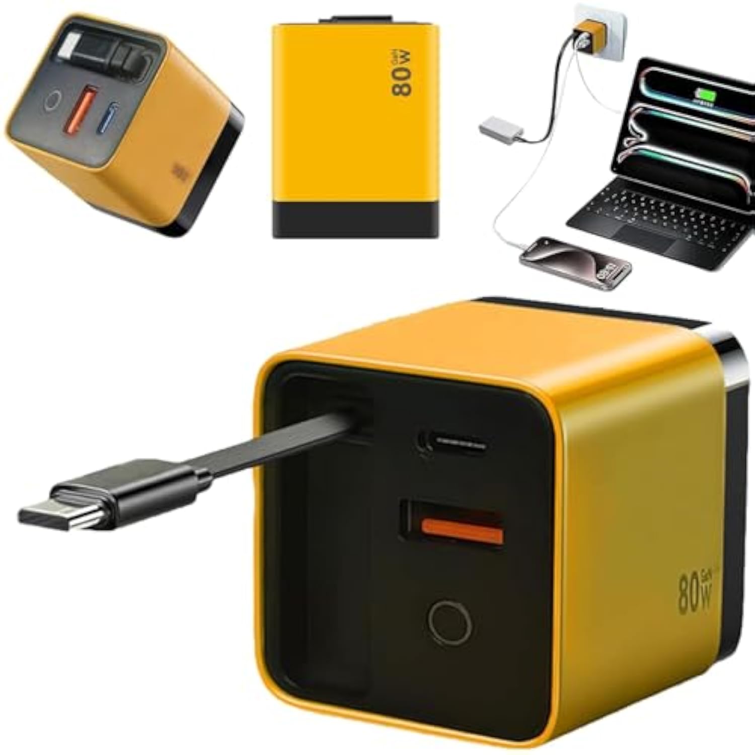 3 In 1 Gan Charger,Scalable 80W Max Fast Charger Module With Type-C Cable And 2 Usb Ports, Retractable Phone Charger Wall Plug For Phone And Laptops (Yellow)